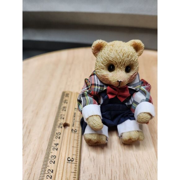 Bear Figurine plaid top small bow sit position - Picture 2 of 8